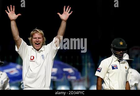 Matthew Hoggard aus England feiert am zweiten Tag des dritten Testmatches im Gaddafi-Stadion in Lahore, Pakistan, am 30. November 2005, das Falling von Pakistans Asim Kamal für 5 Läufe. Siehe PA Geschichte CRICKET England. DRÜCKEN Sie VERBANDSFOTO. Bildnachweis sollte lauten: Gareth Copley/PA ***NUR REDAKTIONELLE VERWENDUNG - KEINE HANDY-NUTZUNG*** Stockfoto