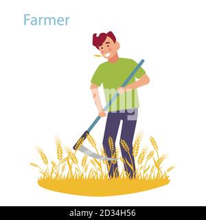 Ein Landwirt mäht das Feld mit Weizengesythe. Vektorgrafik Stock Vektor
