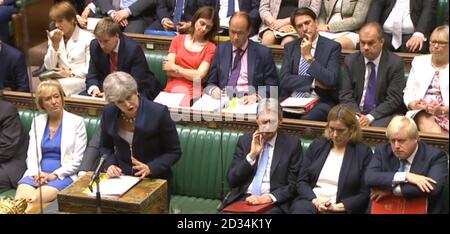 (Von links nach rechts) Unterhausvorsitzende Andrea Leadsom, Premierministerin Theresa May, Kanzler Philip Hammond und Innenminister Amber Rudd und Außenminister Boris Johnson während der Fragen des Premierministers im Unterhaus, London. Stockfoto