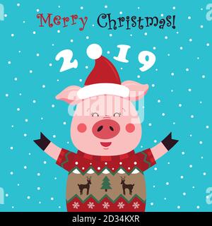 Schweine in einem Weihnachtspullover, trägt einen roten Weihnachtsmann Hut. Frohe Weihnachten - die Inschrift. Weihnachtskarte, Poster, T-Shirt. Vektorgrafik Stock Vektor