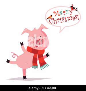 Lustige Weihnachten Schwein. Grußkarte. Frohe weihnachten und ein Frohes neues Jahr. Schwein in einem Schal. Vektorgrafik Stock Vektor