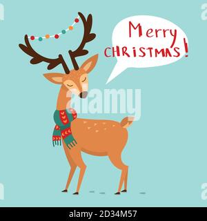 Niedliche Weihnachtshirsche in einem Schal mit schönen Hörnern in den Girlanden. Vektorgrafik Stock Vektor