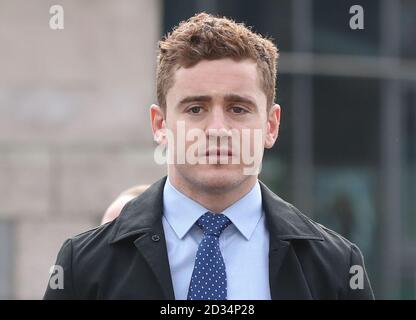 Irland und Ulster rugby spieler Paddy Jackson bei Belfast Crown Court, wo er und sein Teamkollege Stuart Olding vor Gericht beschuldigt der Vergewaltigung einer Frau an einem Anwesen in South Belfast im Juni 2016 ankommen. Stockfoto