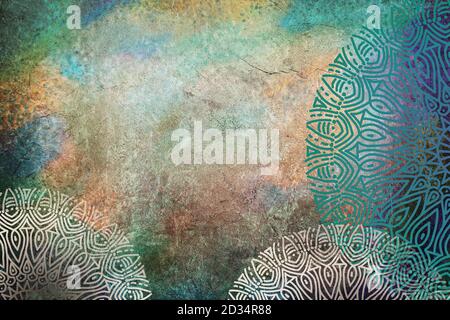 Warm blau, grün, gelb strukturiert Aquarell Hintergrund mit Mandalas Stockfoto