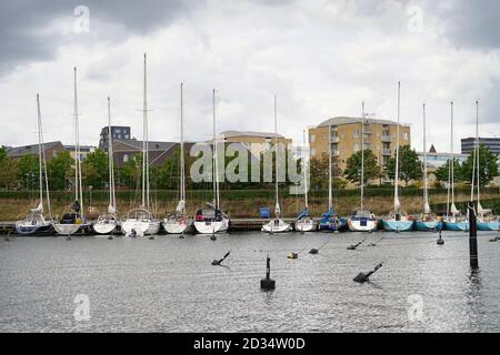 Kopenhagen, Europa, Yachthafen mit Segelyachten, wolkig Stockfoto