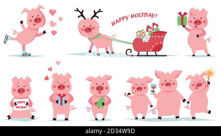 Frohe Weihnachten. Set von lustigen weihnachtsschweinen in verschiedenen Posen. Nette Charaktere im Spiel. Vektorgrafik Stock Vektor