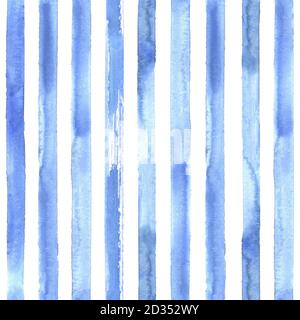 Aquarell von Hand gezeichnetes Nahtloses Muster mit blauen Streifen. Aquarell blauer Hintergrund. Stockfoto