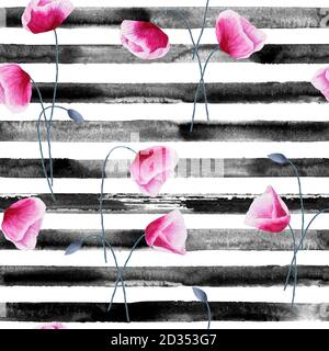 Aquarell handgezeichnetes Nahtloses Muster mit schwarzen Streifen und Mohn-Blüten. Aquarell weiß und schwarz Hintergrund. Stockfoto