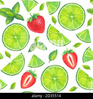 Aquarell handgezeichnete Mojito Cocktail nahtlose Muster mit Scheiben von Limette, Minze Blätter und Erdbeere isoliert auf weißem Hintergrund Stockfoto