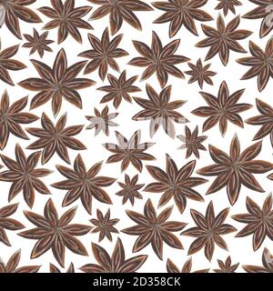 Aquarell handgezeichnetes Nahtloses Muster mit Anis-Sternwürzen auf Weißer Hintergrund Stockfoto