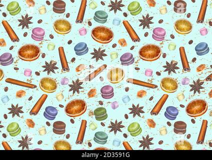 Weihnachten farbenfrohe türkisfarbene Vintage Hintergrund mit Aquarell handgezeichnete Anis Sterne, Zimt-Sticks, Zuckerwürfel, Zitrusscheiben, Macarons, Marschma Stockfoto