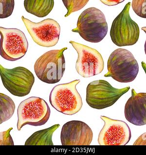 Aquarell handbemalt nahtlose Muster Feigen Früchte auf weißem Hintergrund Stockfoto