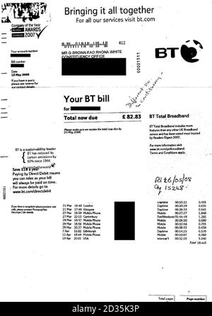 Eine Seite aus Telefonrechnungen, die als Teil der Forderungen von Premierminister Gordon Brown für zusätzliche Kostenzulage eingereicht wurden, die heute auf der Website des Parlaments veröffentlicht wurden. Stockfoto