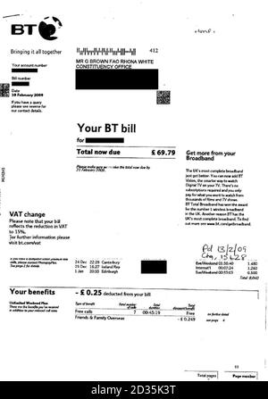 Eine Seite aus Telefonrechnungen, die als Teil der Forderungen von Premierminister Gordon Brown für zusätzliche Kostenzulage eingereicht wurden, die heute auf der Website des Parlaments veröffentlicht wurden. Stockfoto