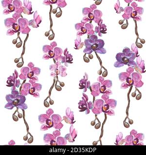 Aquarell handbemalte Orchidee Zweige nahtlose Muster auf weißem Hintergrund Stockfoto