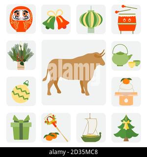 Symbole des japanischen Neujahr 2021 Ox, Daruma, asiatische Laterne, Wasserkocher, Tassen, Essen, Rechen, Mandarinen, Schatzschiff, Geschenk, Kiefer, Bambus Dekorationen ein Stock Vektor