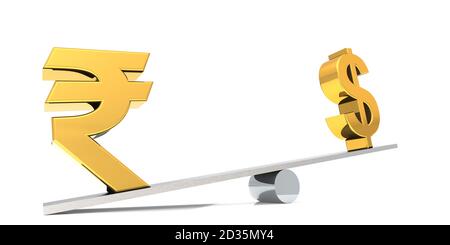 Indien Rupie und Dollar-Zeichen auf der Balance-Bar, 3D-Rendering Stockfoto