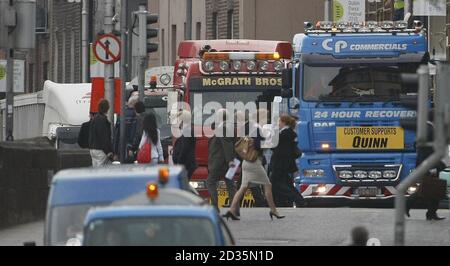 LKW-Fahrer aus ganz Irland protestieren im Stadtzentrum von Dublin wegen finanzieller Turbulenzen bei Quinn Insurance. Stockfoto