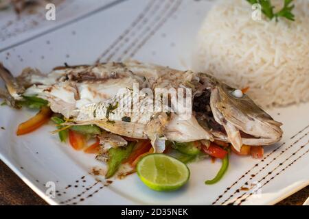 Köstlicher gebratener Meeresfisch mit weißem Reis, frischem Gemüse und Limette auf dem Teller, Nahaufnahme Stockfoto
