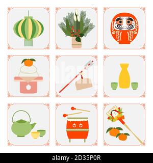 Symbole des Japanischen Neujahrs 2021 Asiatische Laterne, Daruma, Mandarinen, Pfeil, Essenssake-Set, Rechen, Wasserkocher, Tassen, Trommel, Kiefer Bambus Dekorationen bei en Stock Vektor