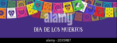 Tag der Toten, Dia de los muertos, Banner mit bunten mexikanischen Ammer. Fiesta, Urlaubsposter, Partyflyer, lustige Grußkarte. Horizontale Bahn Stock Vektor