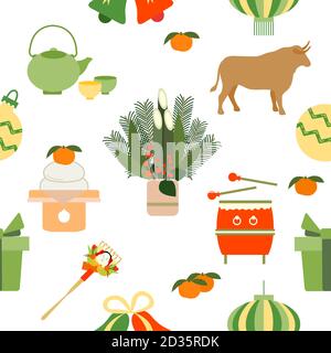 Vektor nahtlose Muster Symbole des japanischen Neujahr 2021. Ochse, asiatische Laterne, Trommel, Wasserkocher Tasse, Lebensmittel, Rechen, Mandarinen, Geschenk, Glocke, Kiefer, Bambus-Dekor Stock Vektor