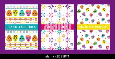 Tag der Toten, Dia de los muertos, Grußkarten mit traditionellen bunten mexikanischen Mustern. Fiesta, Urlaubsposter, Partyflyer, lustige Begrüßung Stock Vektor