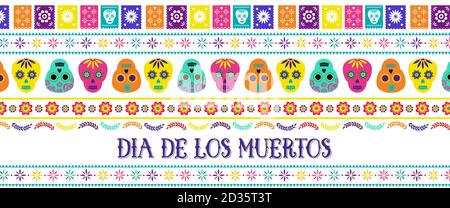 Tag der Toten, Dia de los muertos, Banner mit traditionellen bunten mexikanischen Ikonen. Fiesta, Urlaubsposter, Partyflyer, lustige Grußkarte Stock Vektor