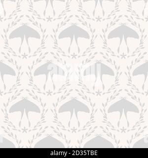 Hellbeiger Schmetterling. Kuschelig-florales Damast-Nahtloses Muster. Vector graue Zweige mit Blättern modernes Bauernhaus. . Vektorgrafik Stock Vektor