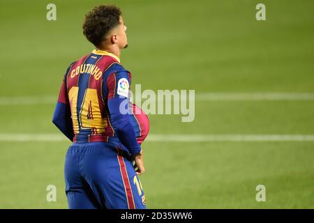 Phillippe Coutinho des FC Barcelona feiert seinen TorPhillippe Coutinho des FC Barcelona feiert sein Tor während des La Liga-Spiels zwischen FC Barcelona und Sevilla FC gespielt im Camp Nou Stadion am 4. Oktober 2020 in Barcelona, Spanien. (Foto von PRESSINPHOTO) Stockfoto