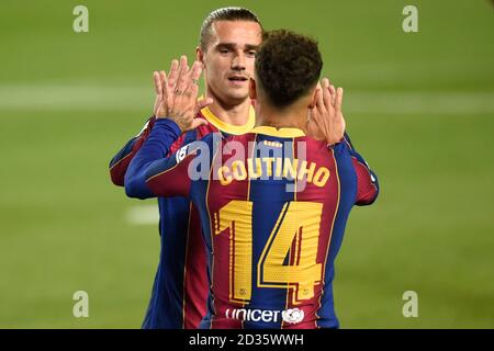 Phillippe Coutinho des FC Barcelona feiert seinen TorPhillippe Coutinho des FC Barcelona feiert sein Tor während des La Liga-Spiels zwischen FC Barcelona und Sevilla FC gespielt im Camp Nou Stadion am 4. Oktober 2020 in Barcelona, Spanien. (Foto von PRESSINPHOTO) Stockfoto