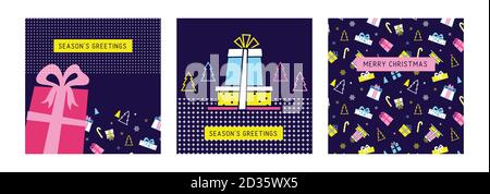 frohe weihnachten und ein glückliches neues Jahr - 2021 . Sammlung von Grußkarten Hintergrunddesigns mit Geschenken. Weihnachten und Neujahr, Social Media Promotion Stock Vektor