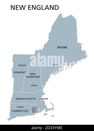 New England Region der Vereinigten Staaten, graue politische Karte. Die sechs Bundesstaaten Maine, Vermont, New Hampshire, Massachusetts, Rhode Island und Connecticut Stockfoto