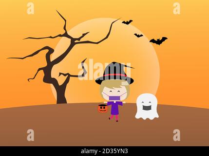 Frohe halloween. Vektor-Illustration von niedlichen Mädchen Dressing als Hexe hält Kürbis und Geist trägt Gesichtsmaske. Hintergrund von Baum, Narr Mond und BA Stock Vektor