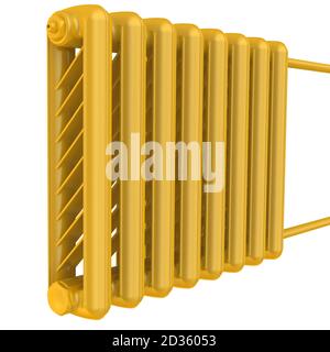 Goldener Heizkörper. Abschnitt der goldenen Heizkörper isoliert auf weißem Hintergrund. 3D-Illustration Stockfoto