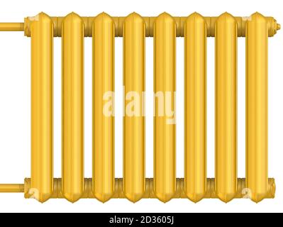 Goldener Heizkörper. Abschnitt der goldenen Heizkörper isoliert auf weißem Hintergrund. 3D-Illustration Stockfoto