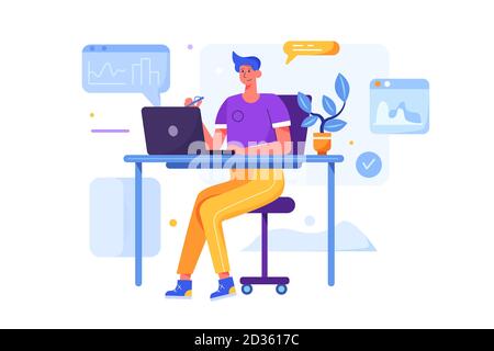 Mann, der in einem Laptop am Schreibtisch arbeitete. Stock Vektor