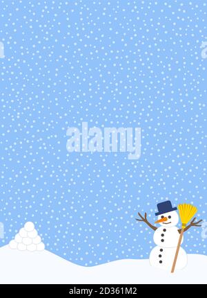 Winterspaß Vorfreude mit Schneebällen und Schneemann bereit für die bevorstehende Schneeballschlacht. Comic-Illustration auf Schneeflocken Hintergrund. Stockfoto