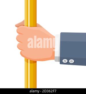 Hand, die den Handlauf beim Transport hält. Griffe für den sicheren Transport von Fahrgästen in Bus, U-Bahn, Zug. Gerader gelber Griff und Hand isoliert auf weiß. Cartoon flache Vektor-Illustration Stock Vektor
