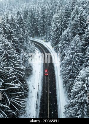 Luftaufnahme des schneebedeckten Waldes.EIN rotes Auto zwischen den Bäumen auf Asphaltstraße. Naturreisekonzept. Stockfoto