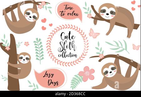Niedliches Faultier-Zeichensatz. Sammlung von Design-Elementen mit Bäumen, Pflanzen, Blumen. Kinder Baby Clip Art lustig lächelnd Wald Tier, Aufkleber. Vektor Stock Vektor