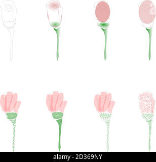 Bunte Set von acht isolierten rosa und grünen Rosen Stock Vektor
