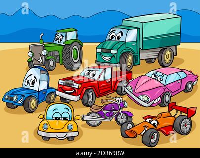 Cartoon Illustration von Autos und Fahrzeugen Comic-Charaktere Gruppe Stock Vektor