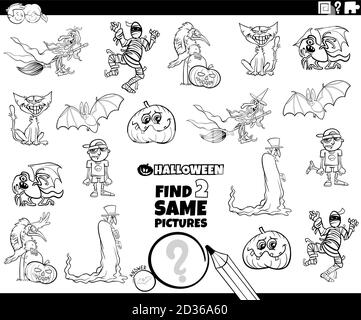 Schwarz-Weiß-Cartoon Illustration der Suche nach zwei gleichen Bildern Pädagogische Aufgabe für Kinder mit Halloween Zeichen Malbuch Seite Stock Vektor