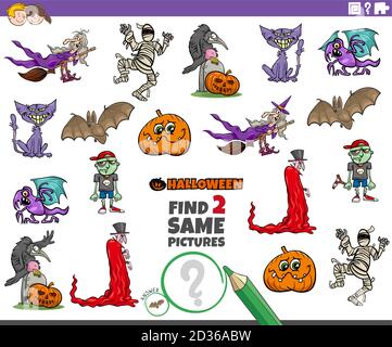 Cartoon Illustration der Suche nach zwei gleichen Bilder pädagogische Aufgabe für Kinder mit Halloween-Figuren Stock Vektor