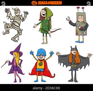 Cartoon Illustration von Kindern und Teenagerinnen in Kostümen an Halloween Party oder Masked Ball Set Stock Vektor