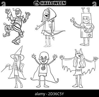 Schwarz und Weiß Cartoon Illustration von Kindern und Teenagerinnen Kostüme auf Halloween Party oder Masked Ball Set Malbuch Seite Stock Vektor