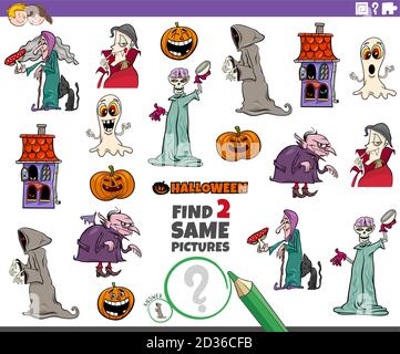 Cartoon Illustration der Suche nach zwei gleichen Bilder pädagogische Aufgabe für Kinder mit Halloween-Figuren Stock Vektor