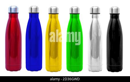 Thermo-Wasserflaschen aus Stahl oder Aluminium. Wiederverwendbare Metallflasche aus rot, blau, grün, gelb, schwarz und Aluminium. Stockfoto