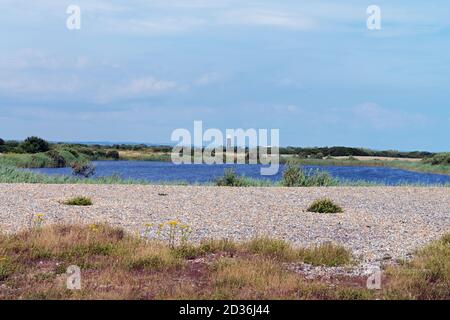 Dungeness ist eine der größten Schindelflächen Europas. In diesem Binnenland ist das Gelände merkwürdig flach. Stockfoto